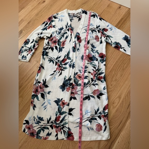 J. Jill Linen Longline Open Front Loose Knit Cardigan Coastal White Floral Large - Picture 5 of 7